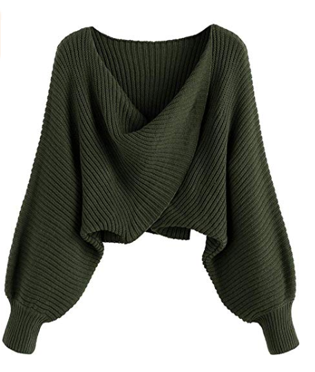 ZAFUL Women's V Neck Twist Asymmetric Cropped Sweater Wrap Long Batwing Sleeve Pullover Jumper