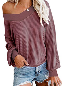 Aifer Women's V Neck Long Sleeve Sweater Off The Shoulder Sweater Waffle Knit Pullover Casual Tops
