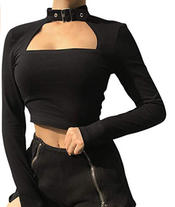 Women Hollow Out Halter Long Sleeve T-Shirt Slim Black Crop Top