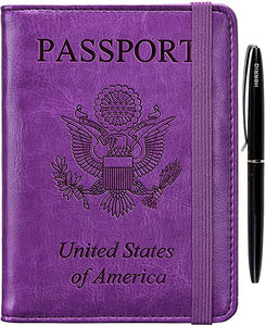 Purple Leather Passport Holder Cover Case RFID Blocking Travel Wallet