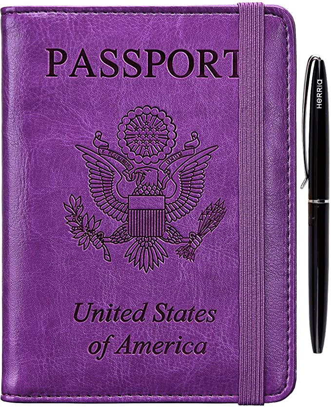 Purple Leather Passport Holder Cover Case RFID Blocking Travel Wallet