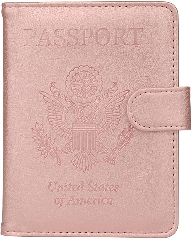 Pink Leather Passport Holder Cover Case RFID Blocking Travel Wallet